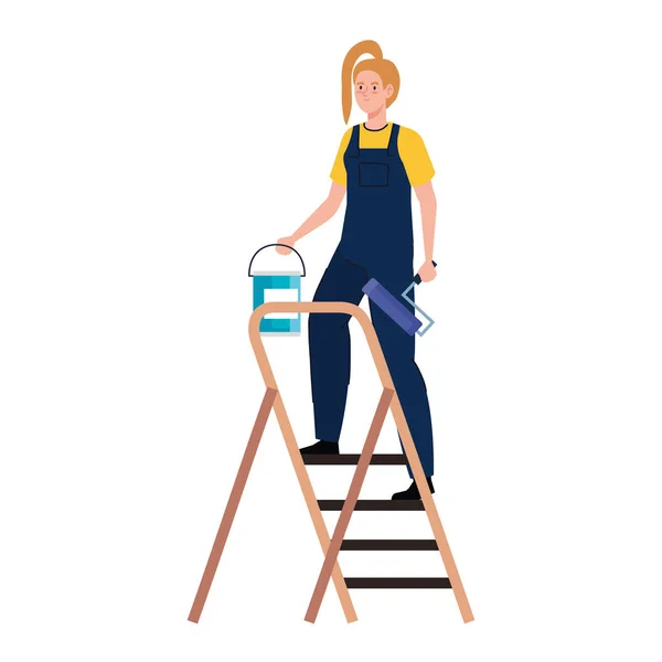 Mujer de dibujos animados con cubo de pintura de construcción y rollo en la escalera de diseño de vectores — Archivo Imágenes Vectoriales