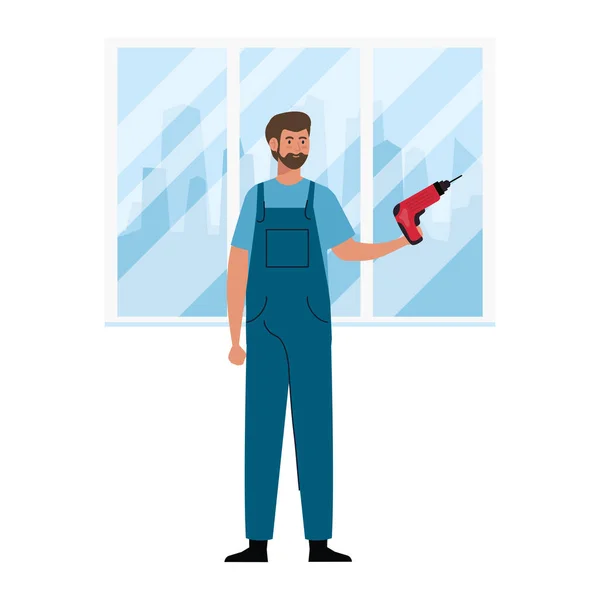 Mann Karikatur mit Baubohrmaschine und Fenstervektordesign — Stockvektor