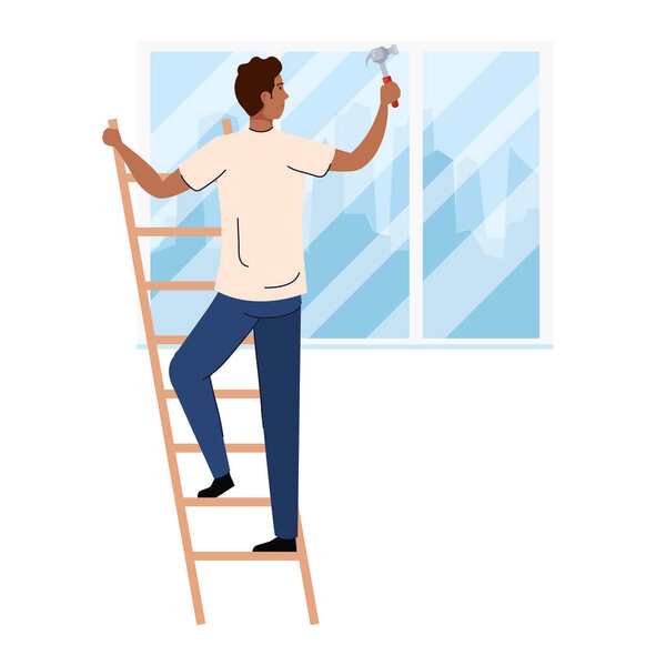 man cartoon with construction hammer on ladder vector design