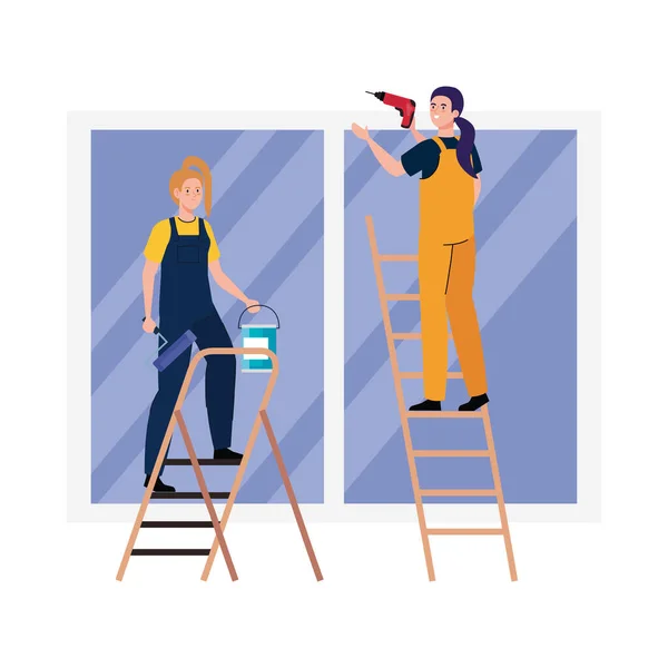 Vrouwen met bouwgereedschap op ladders bij raamvector ontwerp — Stockvector