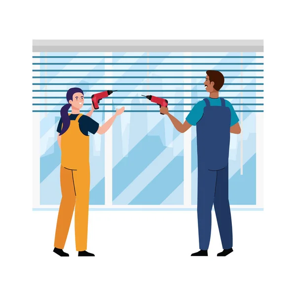 Mujer y hombre con taladros de construcción en el diseño de vectores de ventana — Vector de stock