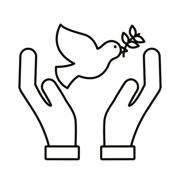 Handen beschermen vrede duif met olijftak vliegende lijn stijl icoon — Stockvector