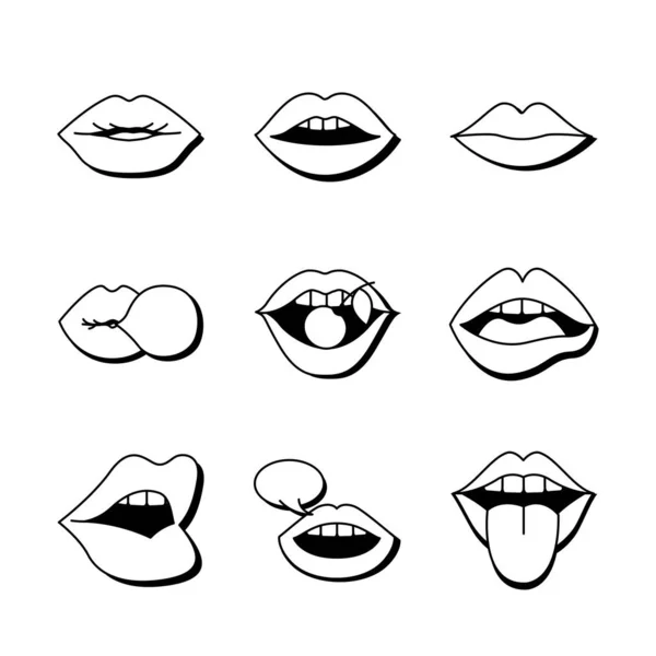 Bundle of nine mouths and lips set icons in green background — Stock Vector