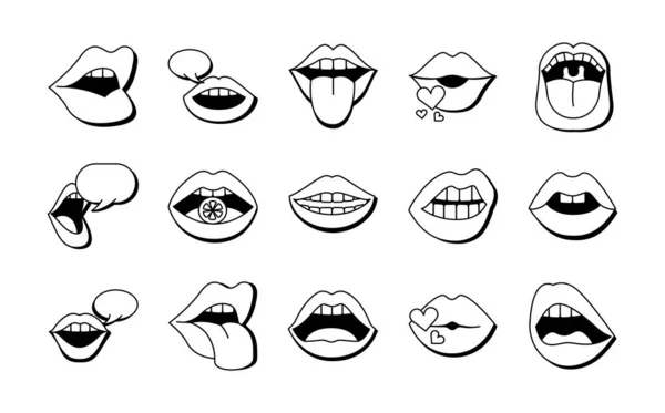 Paquet de quinze bouches et lèvres ensemble icônes — Image vectorielle