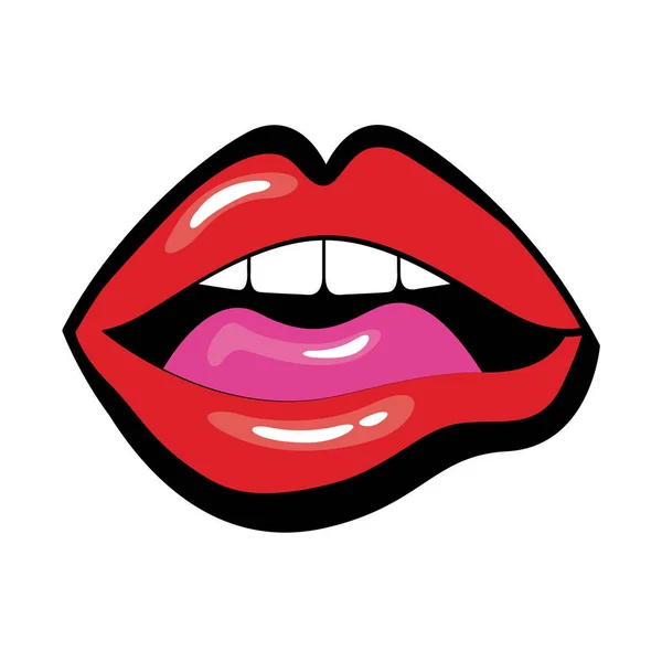 Pop art mouth with tongue and teeth fill style — Stock Vector