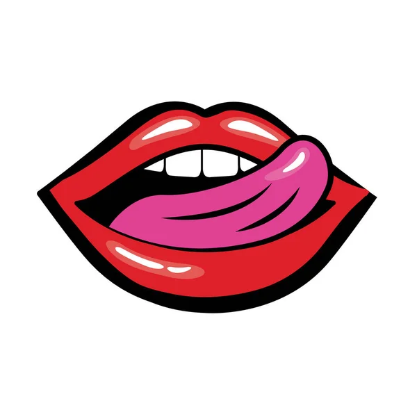 Pop arte boca lambendo sensualmente os lábios encher ícone de estilo — Vetor de Stock