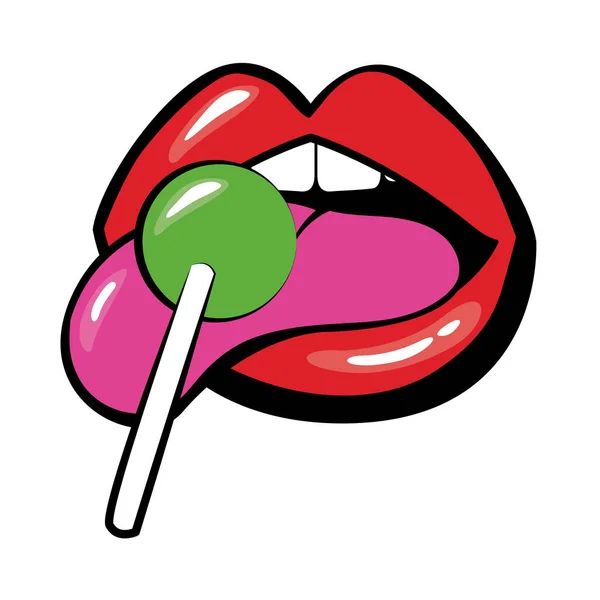 Bouche pop art avec sucette sucrée icône de style de remplissage — Image vectorielle