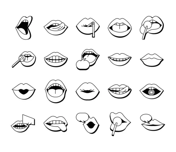 Paquete de veinte bocas y labios establecer iconos en fondo azul — Vector de stock