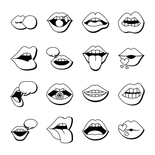 Paquete de dieciséis bocas y labios establecen iconos en el fondo amarillo — Vector de stock