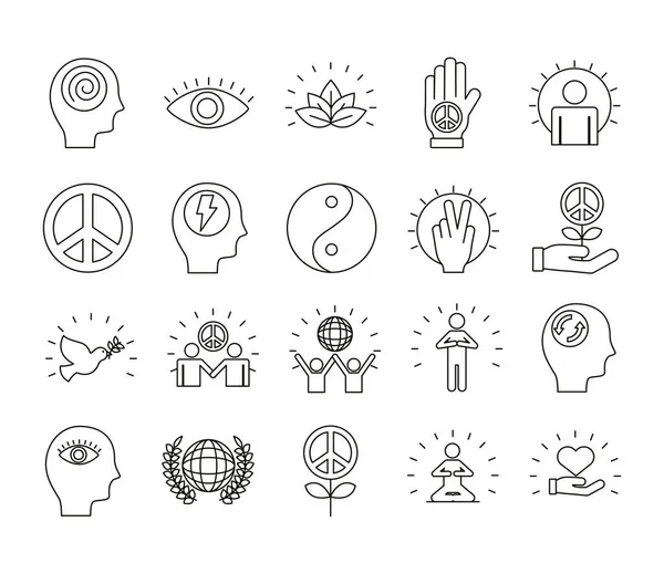 Paquete de veinte iconos de estilo de línea de conjunto de paz — Vector de stock