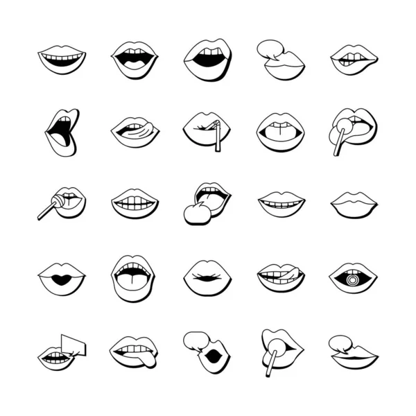 Paquet de vingt-cinq bouches et lèvres mis icônes en arrière-plan orange — Image vectorielle