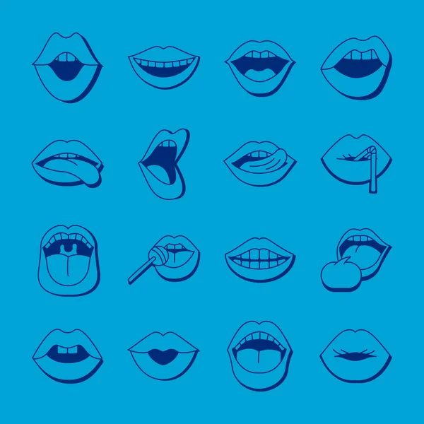 Bundel van zestien monden en lippen set pictogrammen — Stockvector