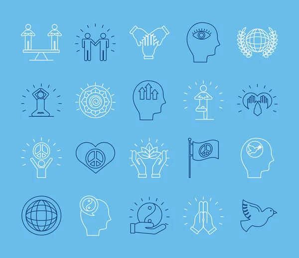 Pacote de vinte paz definir ícones de estilo de linha em fundo azul —  Vetores de Stock