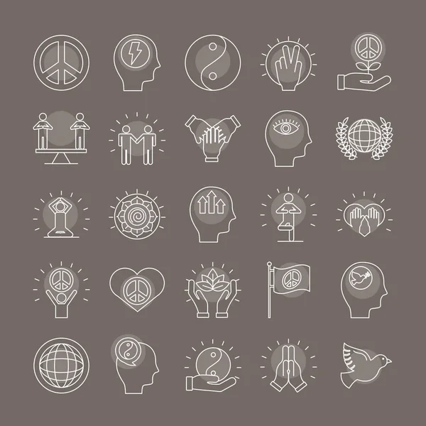Paquete de veinticinco iconos de estilo de línea de conjunto de paz en fondo gris — Vector de stock
