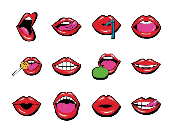 Pacote de doze bocas e lábios ícones conjunto — Vetor de Stock