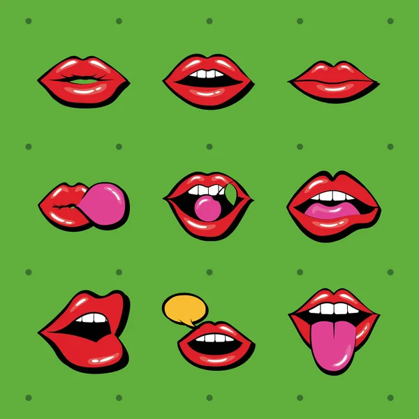 Köteg kilenc száj és ajkak beállítása ikonok zöld háttér — Stock Vector