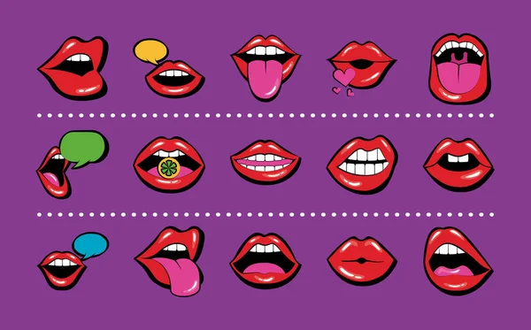 Bundel van vijftien monden en lippen set pictogrammen — Stockvector