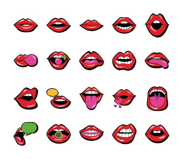 Paquete de veinte bocas y labios establecer iconos — Vector de stock