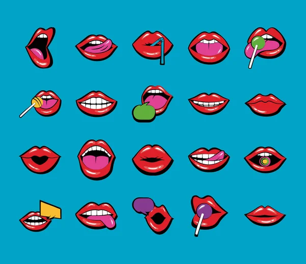 Pacote de vinte bocas e lábios definir ícones em fundo azul — Vetor de Stock