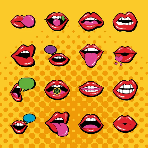 Paquete de dieciséis bocas y labios establecen iconos en el fondo amarillo — Archivo Imágenes Vectoriales