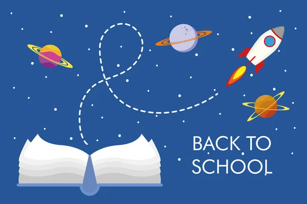 教科書や宇宙のアイコン付きの学校シーズンポスターに戻り — ストックベクタ