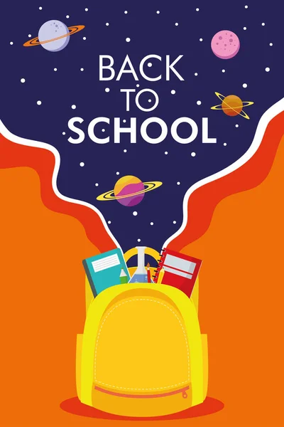Poster della stagione scolastica con schoolbag e icone spaziali — Vettoriale Stock