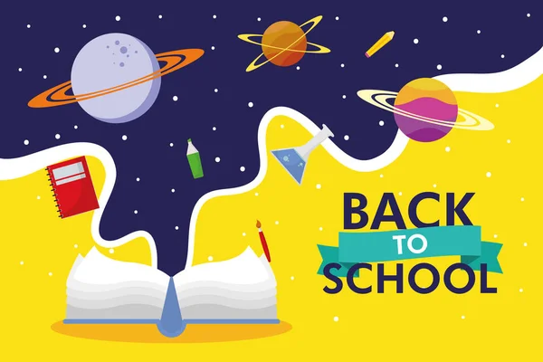 Zurück zum Schulsaisonposter mit Textbuch und Space Icons — Stockvektor
