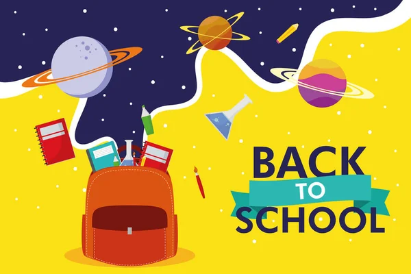 Zurück zum Schulsaisonposter mit Schultasche und Weltraum-Ikonen — Stockvektor