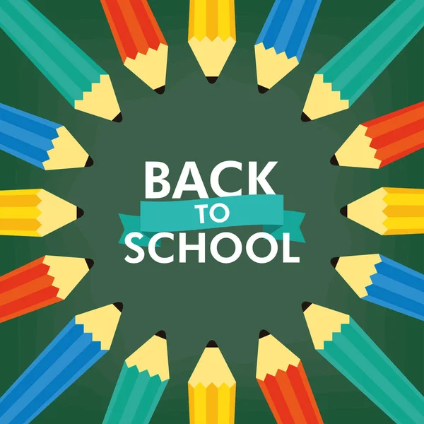 Повернутися до шкільного сезону плакат з написом та кольоровими олівцями — стоковий вектор