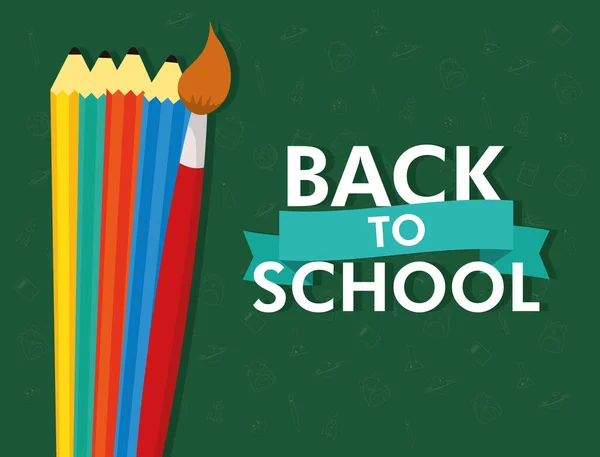Плакат школьного сезона с надписью и цветными карандашами — стоковый вектор