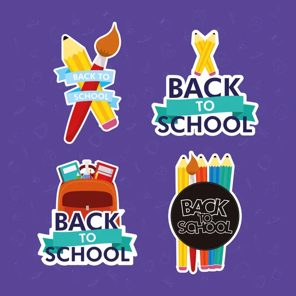 Back to school season poster with letterings and supplies — Stock Vector