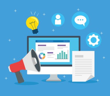 Simgeli sosyal medya kavramı, bilgisayar ve megafon