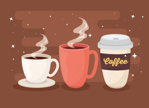 Cartel de café con taza, taza y desechable — Vector de stock