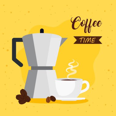 Kahve saati pankartı, kahve demliği ve bardak seramik.