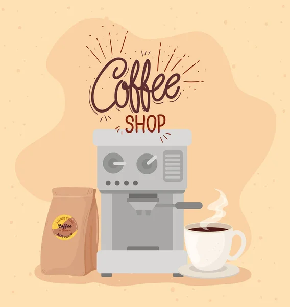 Plakat kawiarni z ekspresem do kawy, torbą i filiżanką — Wektor stockowy