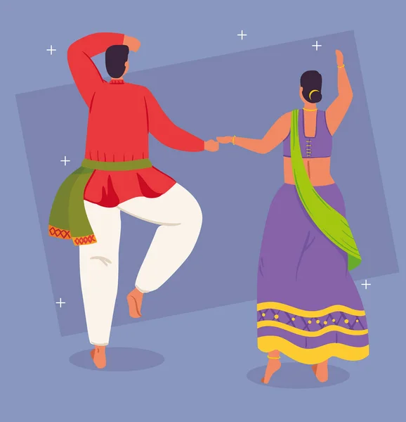 Pareja india de espalda con ropa tradicional bailando — Archivo Imágenes Vectoriales