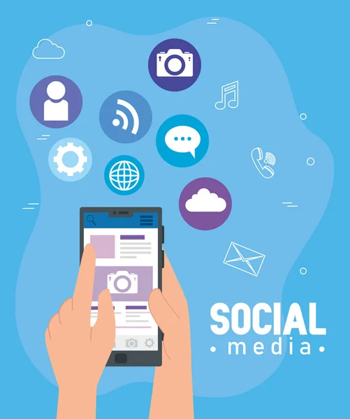 Ícones de mídia social e mãos usando smartphone — Vetor de Stock