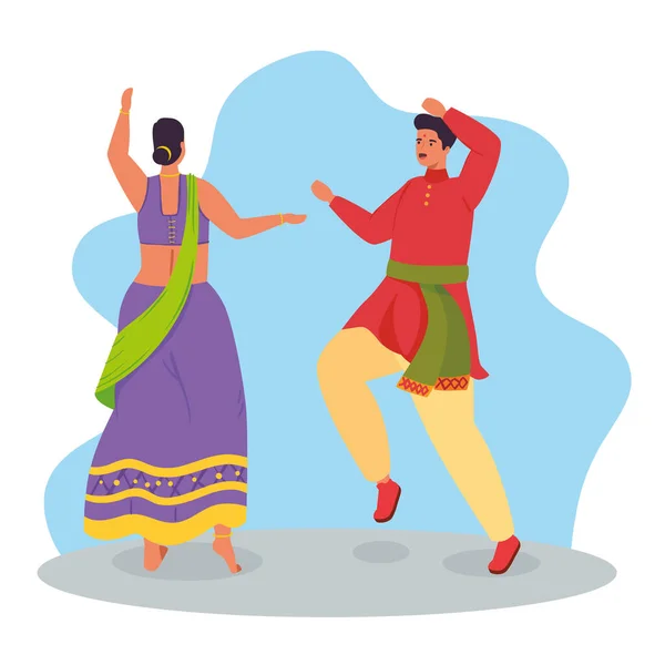 Couple indian with clothes traditional dancing — Stock Vector