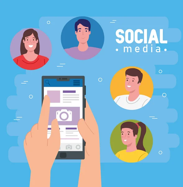 Sociální média, skupina lidí komunikovat pomocí smartphonu — Stockový vektor