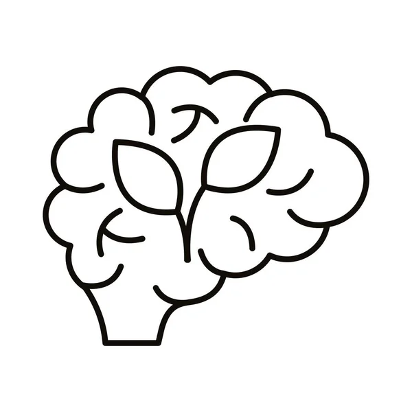 Людський мозок з піктограмою стилю лінії листя — стоковий вектор