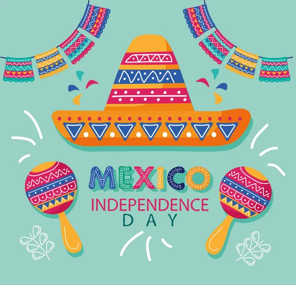 Letras del día de la independencia de México con sombrero de mariachi y maracas — Vector de stock