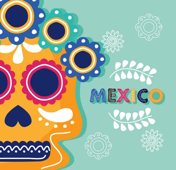 Mexikó ünnep nap betű fej koponya és virágok — Stock Vector