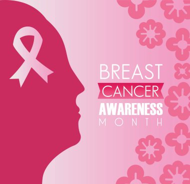 Göğüs kanseri kampanyası mektupları pembe kurdeleli ve kadın profilli.