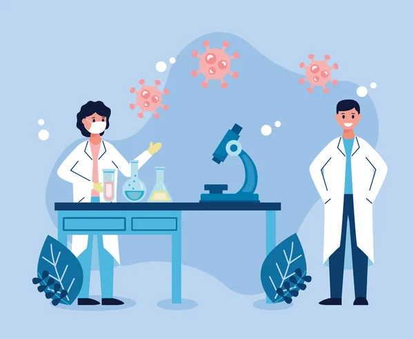 Dois cientistas que trabalham na investigação de vacinas em laboratório — Vetor de Stock