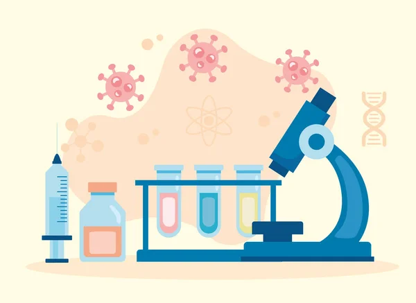 Instrumento de laboratorio microscopio con tubos ensayo investigación vacuna — Vector de stock