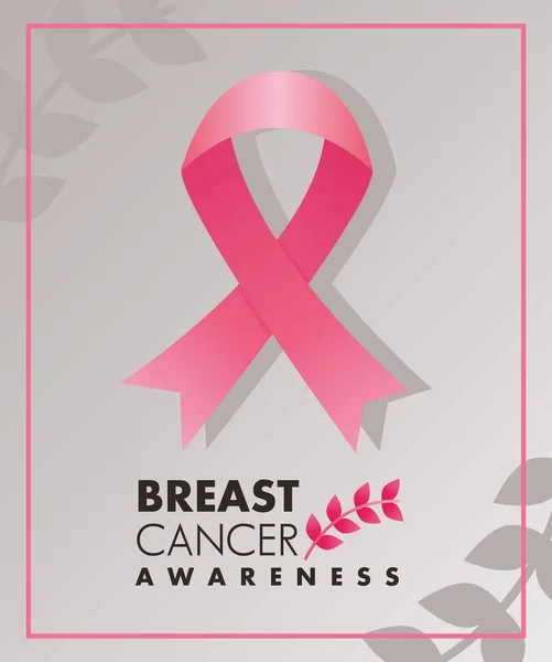 Breast cancer campaign lettering with pink ribbon and leafs square frame — Stock Vector