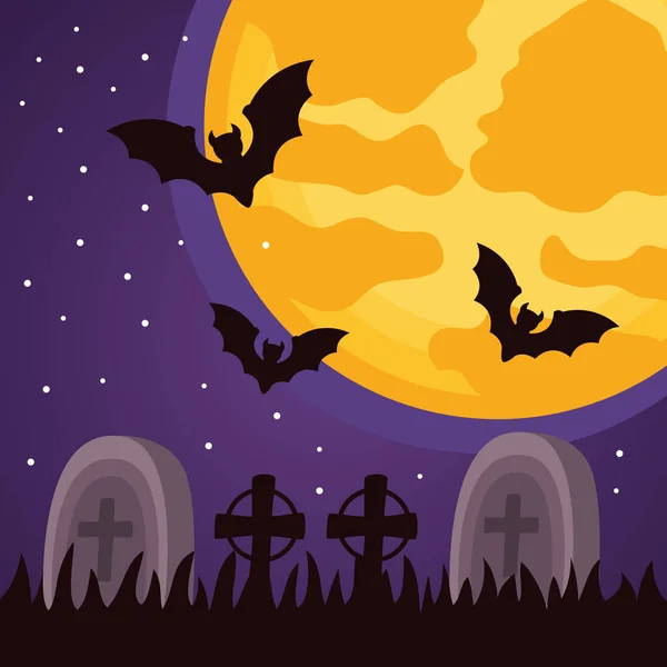 与坟场庆祝活动和蝙蝠放飞的夜晚场景之间快乐的光环 — 图库矢量图片