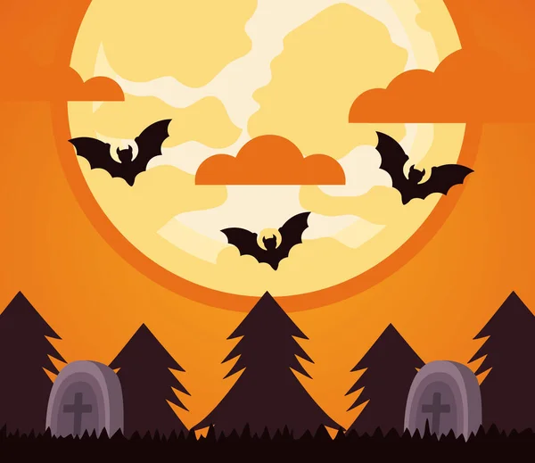 Feliz fiesta de halloween con murciélagos volando en escena nocturna cementerio — Vector de stock