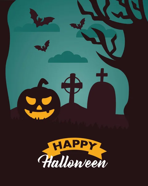 Feliz halloween celebración letras con calabaza en el cementerio — Vector de stock