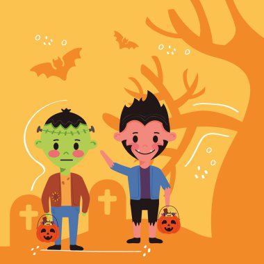 Cadılar Bayramı kostümlü küçük çocuklar Mezarlıktaki karakterler